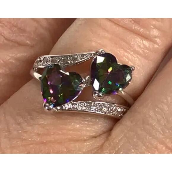 Womens Ring 925 Sterling Silver Sz. 6.25 Faux Mystic Topaz Hearts Cubic Zirconia - Picture 2 of 7